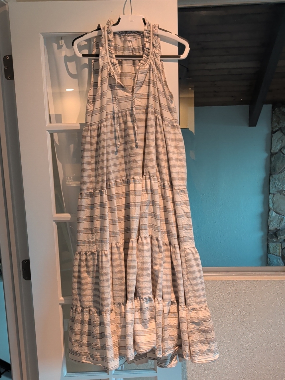 StitchDrop Sleeveless Tiered Maxi Dress in Light Beige Stripes